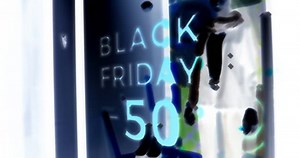Abstract blue color cast over showcase with Black Friday minus 50 percent discount during the annual Black Friday event sale -female mannequin dummy in winter clothes