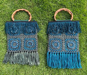 Handmade Metallic Crochet Evening Bag: Bamboo Handle, Fringe Detail - Etsy Canada