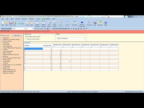 Solving PERT/CPM using QM for Windows
