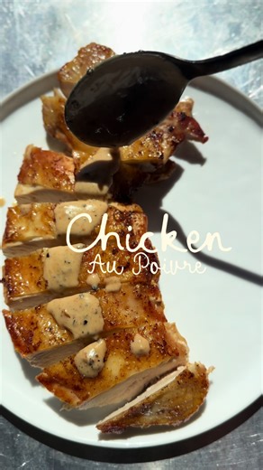 Brick Chicken with Au Poivre Sauce Ingredients 1 whole chicken, halved, deboned Fine salt 2 tbsp neutral oil 3 tbsp butter Au Poivre Sauce 1–2 tsp whole black peppercorns 1 small shallot finely brunoised ½ tsp Dijon mustard ¾ cup heavy cream Pan drippings and butter from the chicken Smoked flaky salt Steps 1. Butcher the chicken brick chicken style, I have a full video on my page with detailed instructions! 2. Season the chicken generously with fine salt. 3. Heat neutral oil in a heavy pan over 