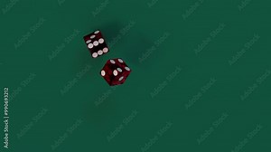A slow-motion shot captures two red dice rolling across a green game table. Top view of dices as they tumble gracefully, both landing on sixes, creating a moment of suspense and luck