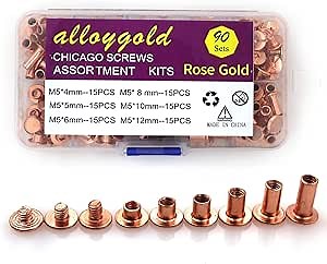 90 Sets Rose Gold Chicago Screws Leather Assorted Kit ，6 Sizes of Screw Rivets for Leather Rivet for DIY Leather Craft and Bookbinding (M5 X 4, 5, 6, 8, 10, 12)