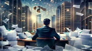 Business man sitting at office desk surrounded by pile of paper documents and flying paper sheets in front of big window with cityscape.