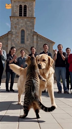 Dancing performance by a tabby cat and a Labrador. 🌈 虎斑貓和拉布拉多跳舞表演 #cutecat