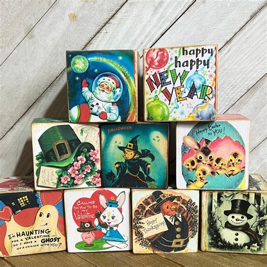 9 Vintage Holiday Blocks, Any Nine Blocks From My Shop, Decorative Block Set - Etsy