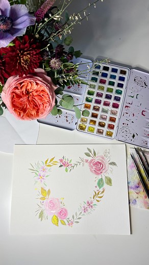 Happy V💘Day!! Use my recent rose tutorial and give this wreath a try! 🌹 Metallic Palette and supplies are 🔗 in my Amazn sf 🩷 #watercolortutorial #watercolorflowers #easyart #arttherapy Music: Accra Musician: Jeff Kaale | februaryrosedesigns