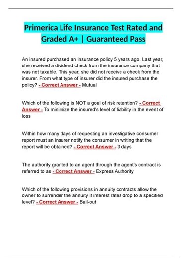 PRIMERICA LIFE INSURANCE TEST RATED AND GRADED A GUARANTEED PASS