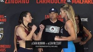 These fighters have gold in their sights! 👀 Sara McMann (145.4) and Leah McCourt MMA (146) are looking to move one step closer to a world title fight. 🚨 #Bellator300 Monster Energy Prelims fueled by Cardenas Markets. 📺 LIVE Saturday on the Bellator MMA YouTube Channel | Bellator MMA