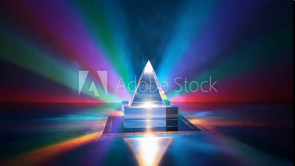 Clear Glass Triangular Prism refracts Light into Spectrum of Rainbow Colors on Reflective Surface