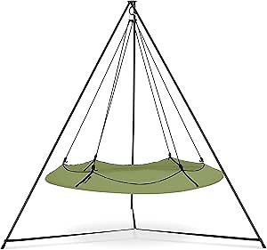 HANGOUT POD Transportable Circular Family Hammock Bed with Stand/Hanging Chair with Stand/Porch Swing with Stand for Garden, Deck, Lawn, Patio and Camping. Sage Green & Black