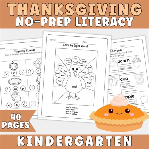Thanksgiving No Prep Literacy Worksheets for Kindergarten | Fall Reading & Writing Activities | Letter Recognition, CVC Words, Sight Words - Etsy