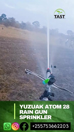 Kilimo cha kisasa cha umwagiliaji wa sprinkler_Yuzuak ATOM 28 Rain gun irrigation sprinklers -Tanzania- COMPLETE SET irrigation sprinkler _mashine ya kumwagilia mazao ya Shambani aina zote,majani, bustani,malisho ya mifugo ,unaweza ukaweka angle yoyote unayotaka izunguke ,inarusha maji nusu kipenyo mita 25-28,matumizi yake ya maji kwa saa ni mita za ujazo 28-82 ,nozzle zinazotumika ni aina tano ni 20mm ,22mm,24mm,28mm,28mm pressure inayohitajika 3bar Hadi 7bar ,eneo linalomwagiliwa ni ekari 0.95