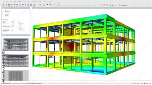Mock-up Engineering Architetural Design Software. Color‑coded CAD Walkthrough Show Multi‑story Smart Building Mockup, Revealing Structural Framing, Hvac Routing, MEP, Advanced Bim Visualization.