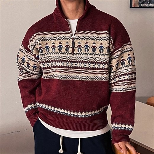 Men's Christmas Sweaters Pullover Sweater Jumper Fair Isle Sweater Quarter Zip Sweaters Knit Sweater Ribbed Knit Regular Tops Knitted Jacquard Quarter Zip Vintage Fashion Christmas Vacation Clothing 2025