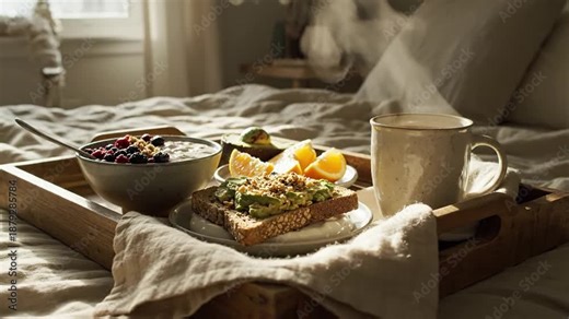 Cozy Morning Breakfast In Bed Featuring Avocado Toast And Steaming Coffee With Natural Sunlight