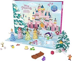 Mattel Disney Princess Toys, Advent Calendar with 24 Days of Surprises Including 4 Princess Small Dolls, 5 Friends & 16 Accessories, Inspired by Disney Movies