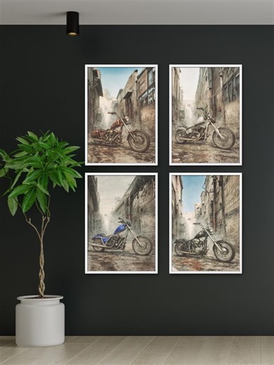 Set of 4 Chopper Motorcycle Prints | Vintage Urban Biker Wall Art | Garage Decor Poster Bundle | Industrial Man Cave Art | Instant Download - Etsy