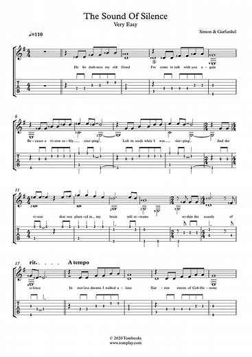 The Sound of Silence (niveau très facile, guitare seule) (Simon & Garfunkel) - Tablature et partition Guitare