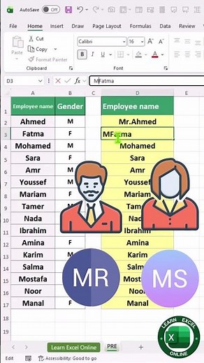 حيلتين في Excel 😎 إضافة Mr و Ms تلقائيًا اختار الأسهل