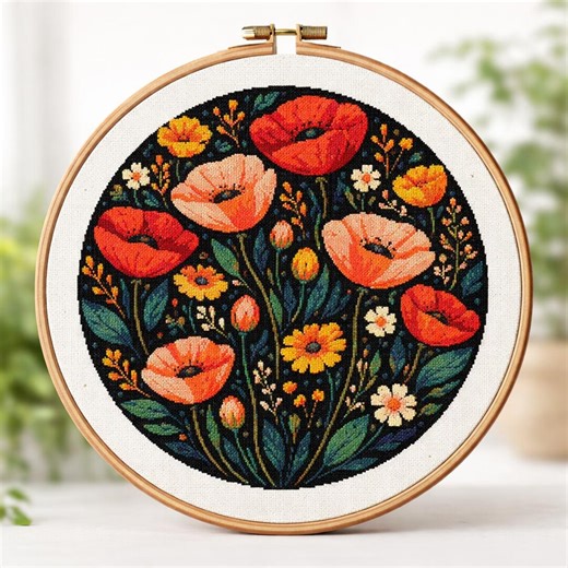 Vibrant Poppy Cross Stitch Pattern | Modern Folk Floral Circle | Scandinavian Style PDF | Instant Download - Etsy