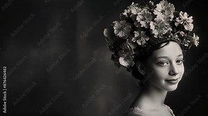 Against a dark background a woman with a serene smile and a floral headpiece resembles the subjects of PreRaphaelite paintings. Black and white art Stock Video