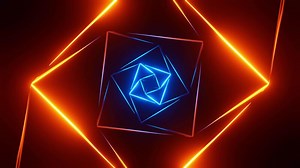 Blue and orange square neon tunnel. Infinitely looped animation