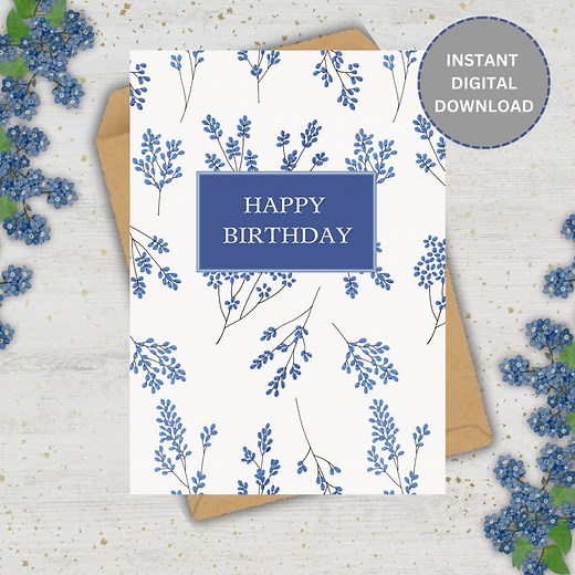 Blue Floral Happy Birthday Card: Printable A5 Design (digital Download) - Etsy