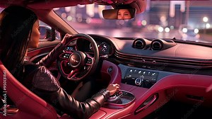 Night Drive: A woman in a sleek black leather jacket confidently navigates the bustling city at night, driving a luxurious car with a red interior, illuminated by the city lights reflecting off the wi
