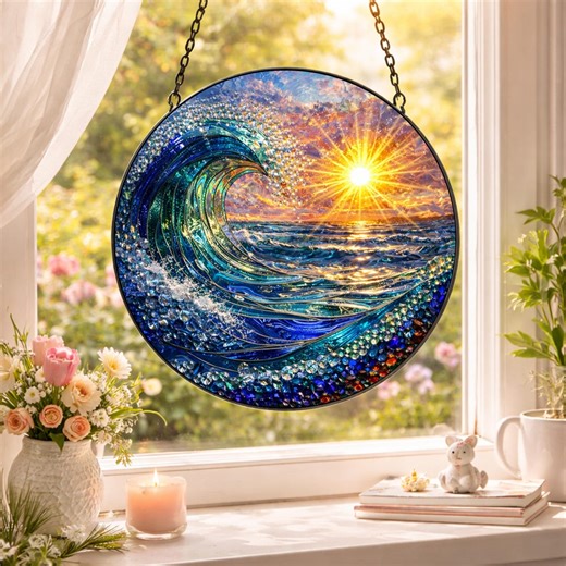 Handmade Ocean Wave Stained Glass Suncatcher, Coastal Beach Window Hanging, Sea Inspired Sun Catcher Gift for Beach House Decor - Etsy