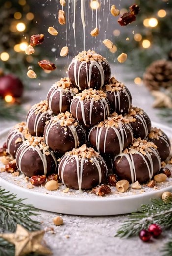 CARAMEL CHOCOLATE PEANUT BOMBS 🎅✨ *** These taste like candy bars but are made with natural ingredients – and NO baking! They’re rich, fudgy, peanuty, and totally addictive. *** Even better? You can stack them into a “Christmas Tree” like this! 🎄 INGREDIENTS • 1 cup soft medjool dates (pitted) • ¼ cup peanut butter • ½ tsp vanilla • pinch of salt • ½ cup roasted peanuts, chopped • 150–200g dark chocolate, melted • ½ cup white chocolate, melted (optional drizzle) METHOD 1️⃣ Blend dates, peanut 
