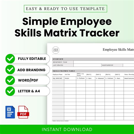 Simple Employee Skills Matrix Tracker Template – Word & PDF, A4   US Letter