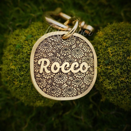 Chrysanthemum Dog Tag • Deep Engraved Pet ID • Vintage November Birth Flower • Bespoke Pet Gift - Etsy