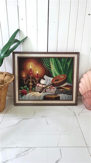 Vintage Needlepoint Tapestry 70's Hand-stitched Evening Scene Music Instrument Books Framed - Etsy
