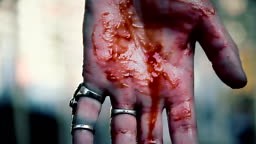 Suicidal man cutting veins, blood running down person's hand,...