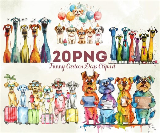 Funny Cartoon Dog Clipart, Colorful Crazy Dogs PNG Bundle, Watercolor Puppy Characters, Party Pet Graphics Set - Etsy