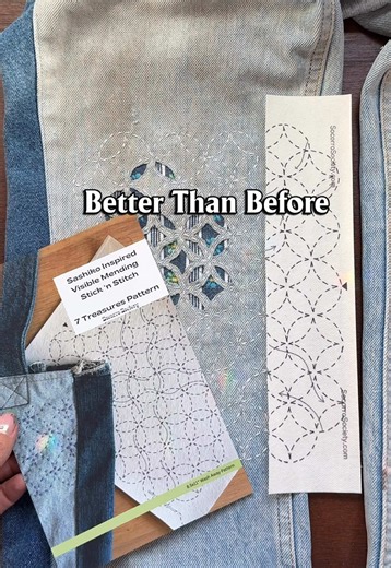 Better Than Before ✨ Why replace it when you can make it even better than before? This reverse shippo mend adds beauty, meaning, and new life to a well-loved piece. Shop our website to grab your Stick ‘n Stitch patterns and start mending your clothes with intention. SocorroSociety.com , linked on our page. #slowfashion #visiblemending #mending #sashiko #sashikodenim
