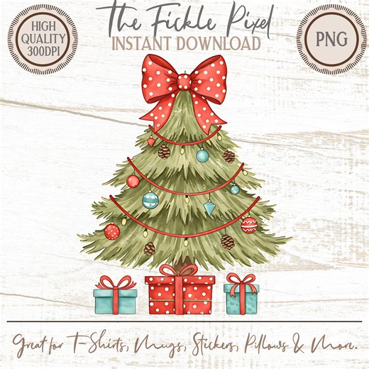 Christmas Tree PNG, Holiday Clipart, Festive Xmas Graphics, Ornament Decor, Gift Box Sublimation, Polka Dot Bow Design Art - Etsy