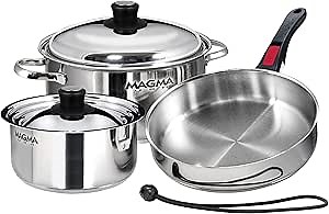 Magma 7 Piece Gourmet Nesting Stainless Steel Cookware Set, Induction Compatible, Oven Safe to 500°F - Suitable for All Stovetops, Removable Handles, Black
