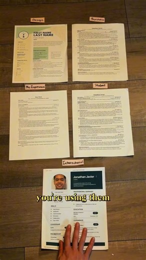 Jonathan Javier | Wonsulting👀💡 on Instagram: "You’re getting rejected because you’re using the wrong resume for the wrong job. If you’re applying for a design job, stop using boring templates. Designers should use creative resumes. Canva templates actually work here. Add color, change the layout, and show personality. Your resume should show your design skills by being designed. Business roles are the opposite. Clean layout. Black and white. Clear metrics over visuals. No distractions. For stu