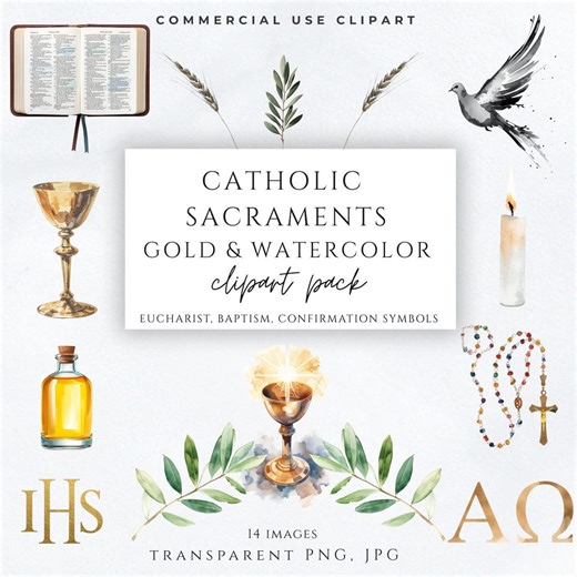 Catholic Sacraments Clipart PNG | Eucharist Baptism Confirmation Gold Watercolor | Christian Commercial Use - Etsy