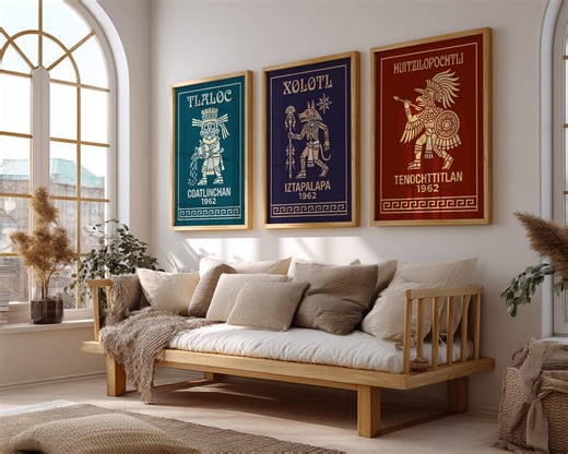 Aztec God Poster Set of 3, Mesoamerican Mythology Prints, Vintage Label Style Art, Download - Etsy