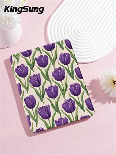Kingsung Flower Tulip Pattern Tablet Case, Compatible With 9.7/10.2/10.5/10.9/12.9/Pro 11, 10th Generation, Compatible With Samsung Galaxy Tab S6 Lite 10.4-Inch, Compatible With Kindle Paperwhite 12th Gen 2024, Kindle (11th Generation) 2022 Version, Kobo Clara Color, Soft And Drop Resistant, Intelligent Standing/Automatic Wake-Up/Sleep | SHEIN
