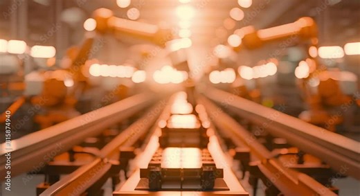 Factory interior with robot assembly line for electric car battery production. Concept Factory Interior, Robot Assembly Line, Electric Car Battery Production, Industrial Automation