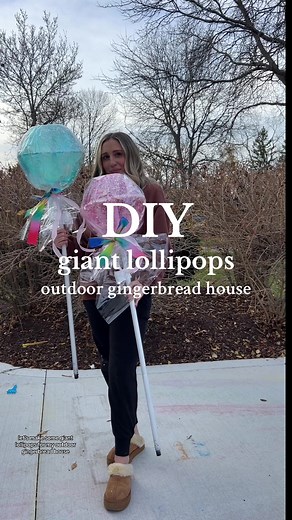 Part 2 of operation gingerbread house! Giant lollipops! These turned out SOOO cute! I love them so much. At night they look so cool with the lights! Follow for part 3. We are slowly making this house a gingerbread/ candyland house 🎄🎅🏻i have my list of projects but wondering what else you think i should make?! Materials: Dollar tree bowls, broomstick and clear wrapping paper Home depot: spray on glue Target: Fake snow Amazon: remote fairy lights #outdoorgingerbreadhouse #gingerbreadhouse #diyc