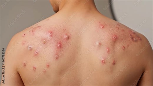 Close-up of a human back reveals numerous pimples, some with visible pus-filled heads