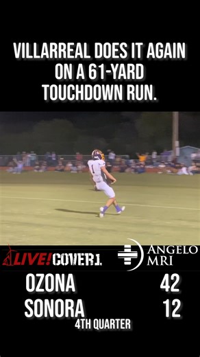 5 Touchdowns! @ozonaschools's Villarreal does it again on a 61-yard touchdown run. 2-point no good. 42-12 Ozona with 8:42 over Sonora Broncos left in game. Angelo MRI Follow #txhsfb on @SanAngeloLIVE. | San Angelo LIVE!
