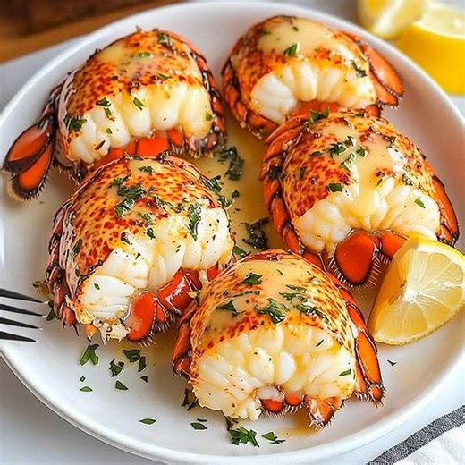 🦞 Broiled Lobster Tails with Garlic Butter 🍋 A decadent seafood dinner that’s simple, buttery, and unforgettable! 📝 Ingredients: 4 lobster tails (5–6 oz each) 1/2 cup melted butter 3 cloves garlic, minced 1 tsp lemon zest 1 tbsp lemon juice Salt and pepper, to taste 1 tbsp fresh parsley, finely chopped Lemon wedges, for serving 🍴 How to prepare it: 1️⃣ Prepare the lobster tails: Using kitchen shears, cut the top shell lengthwise and gently lift the lobster meat over the shell — the classic r