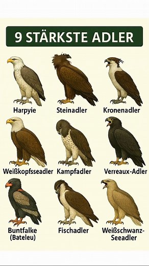 🐦 **Die beeindruckendsten Adler der Welt auf einen Blick** 🐦 Diese Abbildung zeigt neun der stärksten und majestätischsten Adlerarten – jede mit ihrer eigenen Größe, Kraft und Jagdtechnik. Perfekt für alle, die Greifvögel lieben oder die Natur ein Stück besser verstehen möchten. 🔧 **Was du brauchst, um Adler in der Natur zu beobachten:** * **Fernglas** mit guter Vergrößerung * **Notizbuch oder Handy** für Beobachtungen * **Bestimmungsbuch** oder App für Vogelarten * **Alternative:** Kamera mi