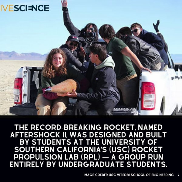 29K views · 1.3K reactions | Aftershock II, a new rocket built by students at the University of Southern California, recently broke a number of 20-year-old amateur spaceflight records for altitude, power and speed. It reached more than 470,000 feet above Earth's surface and went "hypersonic." Learn more  https://trib.al/IadAyWe | LiveScience | Facebook
