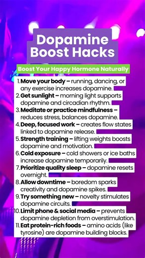 Comment “HAPPY” and I’ll send you my Free Dopamine Boost Guide with step-by-step hacks, food lists, and lifestyle tools to lift your mood naturally! Are you feeling low energy, unmotivated, or stuck in a rut? Your brain’s “happy hormone,” dopamine, could use a boost. Here are natural ways to increase dopamine every day without pills or quick fixes: - Morning sunlight - Move your body (run, dance, or stretch - Strength training - Meditation & mindfulness - Cold showers or ice baths - Quality slee